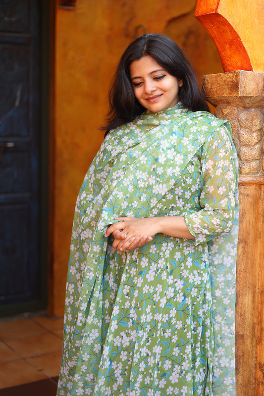 Deepali -Mint Green Floral Maxi Dress with Duppata (Top+Duppata)