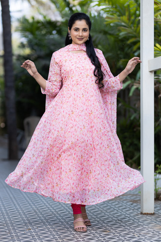 Bhumika (Top+Duppata)-Bud Peach Floral Maxi Dress with Duppata