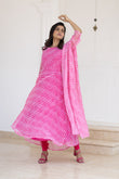 Naira -Fuscia Pink Cross Striped Maxi Dress with Duppata (Top+Duppata)